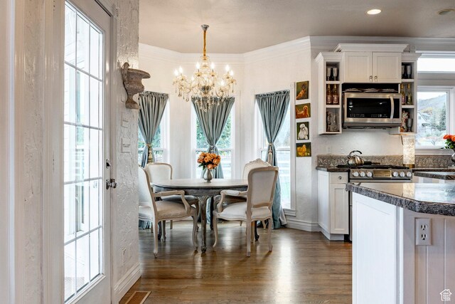 dining area featuring an inviting chandelier, baseboards, dark wood-style floors, and visible vents