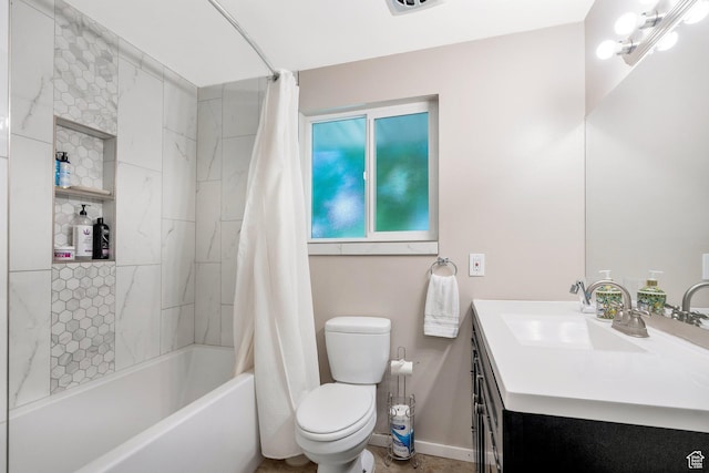 bathroom with shower / tub combo, vanity, toilet, and baseboards