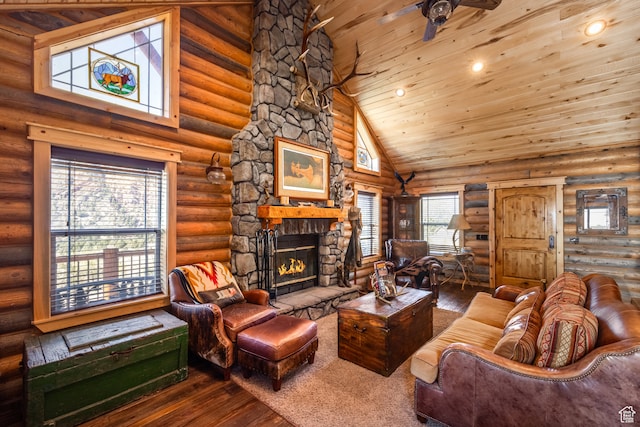 18906 N Canyon Rd, Whiterocks, UT 84085 - living room featuring high vaulted ceiling, wood ceiling, a stone fireplace, hardwood / wood-style flooring, and rustic walls