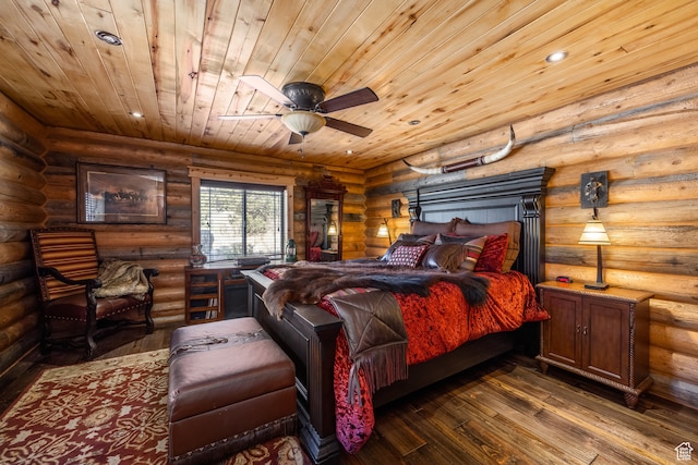 18906 N Canyon Rd, Whiterocks, UT 84085 - bedroom featuring wood ceiling, hardwood / wood-style flooring, rustic walls, and ceiling fan
