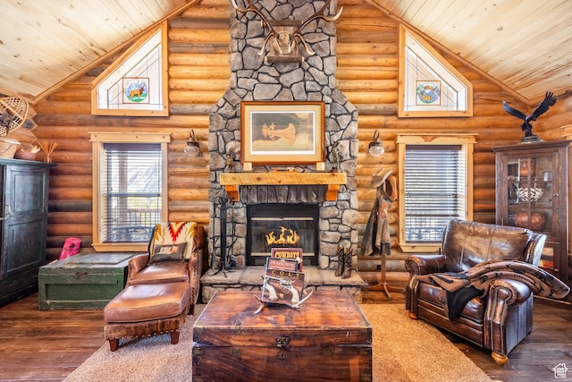 18906 N Canyon Rd, Whiterocks, UT 84085 - living room with dark wood-type flooring, wooden ceiling, a fireplace, and rustic walls