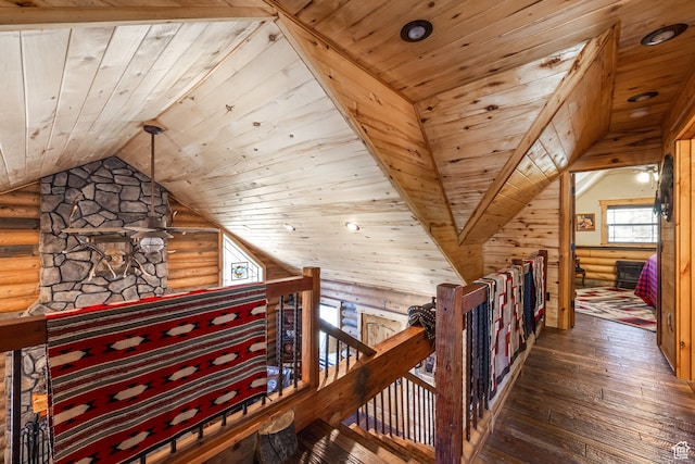 18906 N Canyon Rd, Whiterocks, UT 84085 - hall featuring log walls, lofted ceiling, dark hardwood / wood-style floors, and wooden ceiling