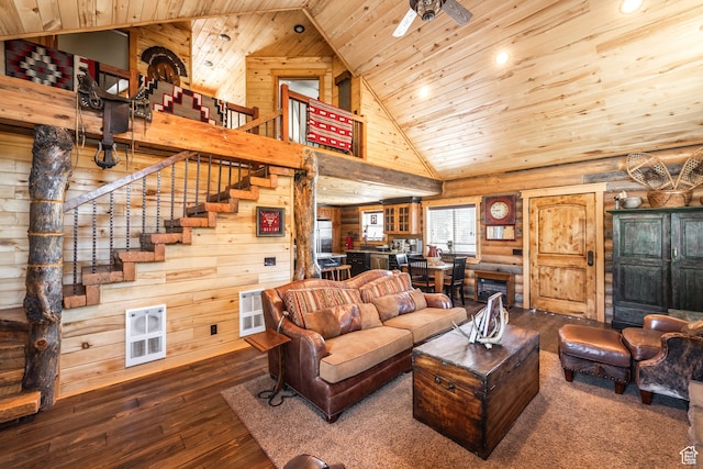 18906 N Canyon Rd, Whiterocks, UT 84085 - living room with hardwood / wood-style floors, wooden ceiling, wooden walls, and high vaulted ceiling