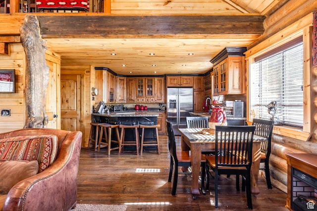 18906 N Canyon Rd, Whiterocks, UT 84085 - dining area with sink, wooden ceiling, vaulted ceiling, and dark hardwood / wood-style flooring