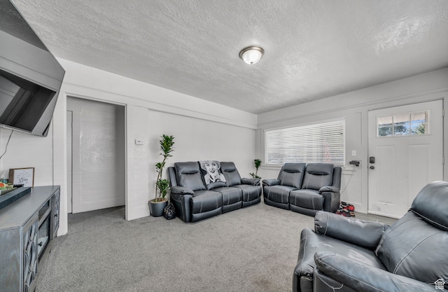 carpeted living room featuring a textured ceiling