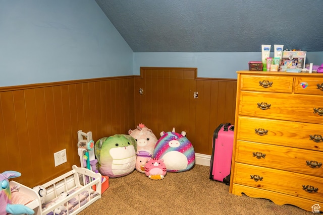 playroom with a textured ceiling, wainscoting, vaulted ceiling, wood walls, and carpet