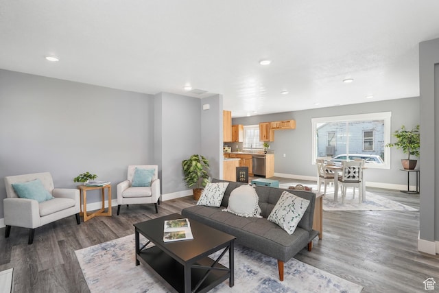 living room featuring wood finished floors, baseboards, and recessed lighting