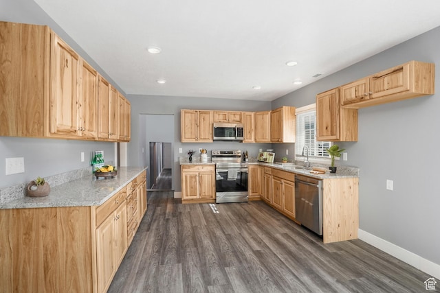 kitchen with stainless steel appliances, a sink, dark wood-style flooring, recessed lighting, and light stone counters