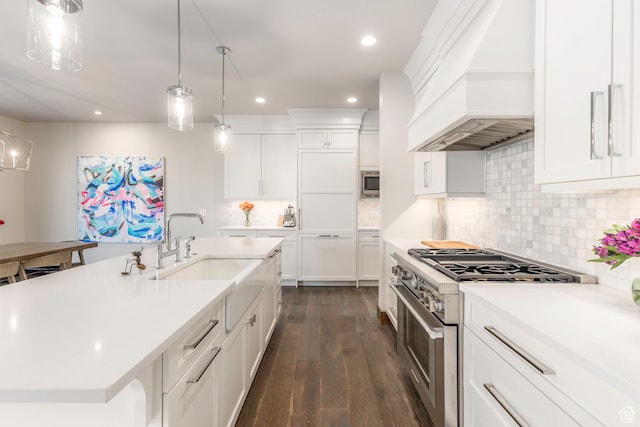 kitchen with premium range hood, white cabinetry, stainless steel range, and dark hardwood / wood-style flooring