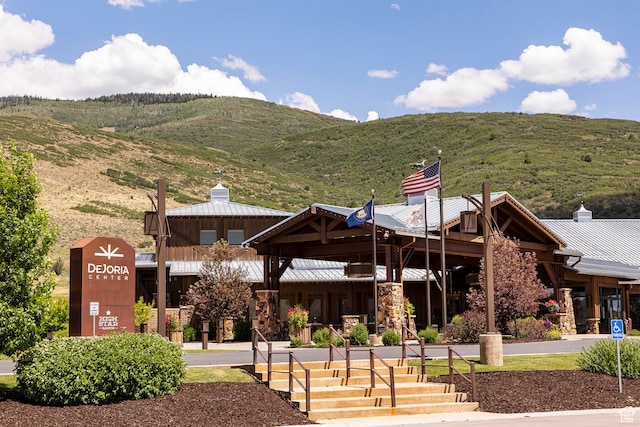 view of building exterior with a mountain view