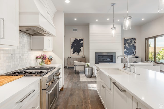 kitchen featuring custom range hood, white cabinetry, dark hardwood / wood-style flooring, and stainless steel range