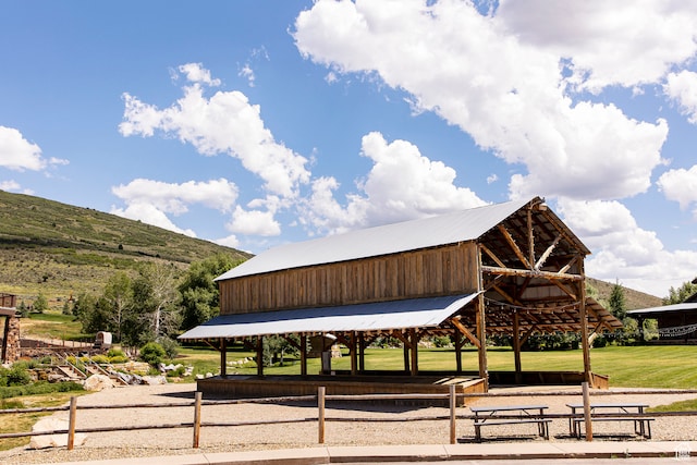 view of community featuring a gazebo and a mountain view