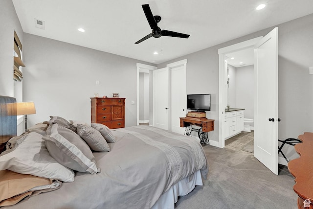 170 E 3900 N, North Ogden, UT 84414 - bedroom with recessed lighting, light carpet, ensuite bath, and a ceiling fan