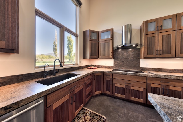 425 Amber Ln, Castle Valley, UT 84532 - kitchen featuring black electric stovetop, wall chimney range hood, sink, dishwasher, and backsplash