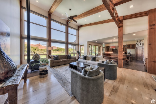 425 Amber Ln, Castle Valley, UT 84532 - living room featuring a wealth of natural light, beamed ceiling, a high ceiling, and light hardwood / wood-style floors