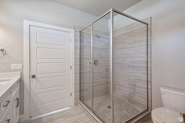 bathroom featuring vanity, a shower stall, and toilet