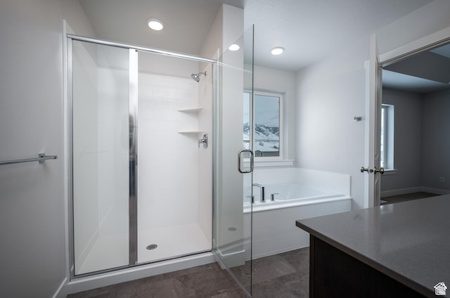 655 S 85 E Unit 32, Smithfield, UT 84335 - full bathroom featuring a stall shower, a bath, recessed lighting, and vanity