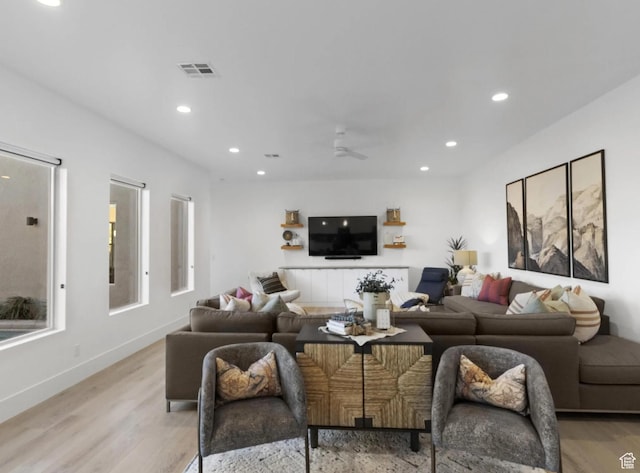 3193 S Hideaway Pl, Hurricane, UT 84737 - living room featuring recessed lighting, ceiling fan, visible vents, and light wood-type flooring