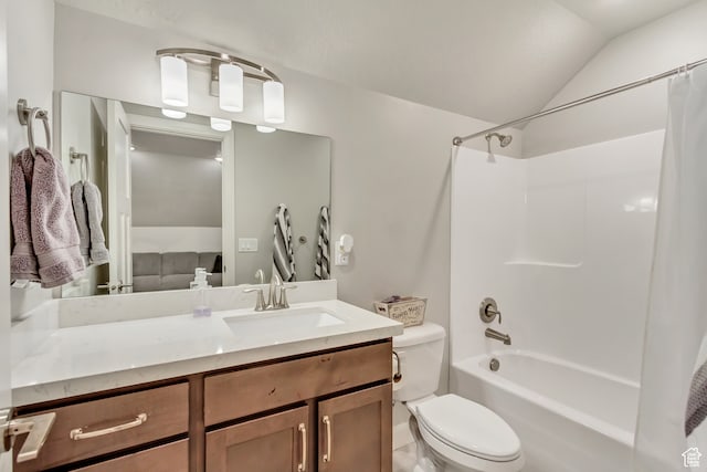 1441 E Snowflake Ave N, Eagle Mountain, UT 84005 - full bathroom with vanity, shower / bath combo, toilet, and vaulted ceiling