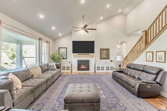 1441 E Snowflake Ave N, Eagle Mountain, UT 84005 - living room with ceiling fan, high vaulted ceiling, and hardwood / wood-style floors