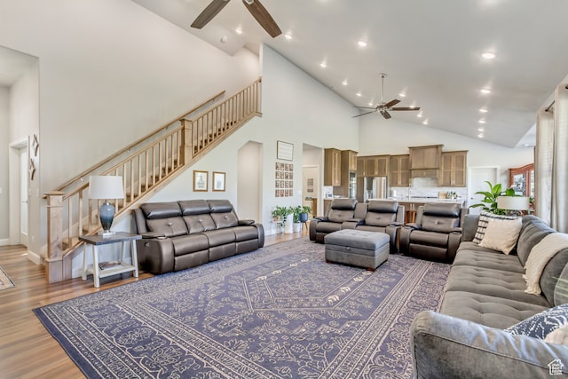 1441 E Snowflake Ave N, Eagle Mountain, UT 84005 - living room featuring hardwood / wood-style flooring, high vaulted ceiling, and ceiling fan