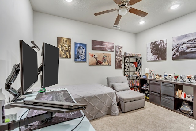 1441 E Snowflake Ave N, Eagle Mountain, UT 84005 - bedroom with a textured ceiling, light colored carpet, and ceiling fan