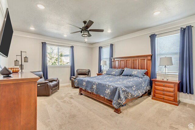 1441 E Snowflake Ave N, Eagle Mountain, UT 84005 - carpeted bedroom featuring ceiling fan, crown molding, and a textured ceiling