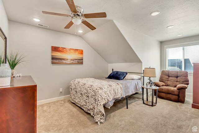 1441 E Snowflake Ave N, Eagle Mountain, UT 84005 - bedroom with light carpet, a textured ceiling, vaulted ceiling, and ceiling fan