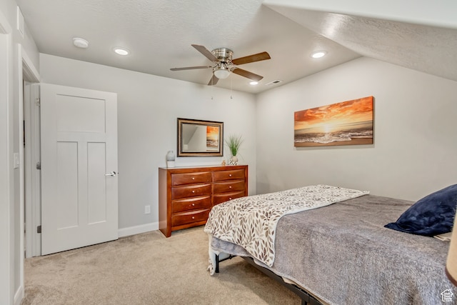 1441 E Snowflake Ave N, Eagle Mountain, UT 84005 - bedroom with lofted ceiling, a textured ceiling, light colored carpet, and ceiling fan