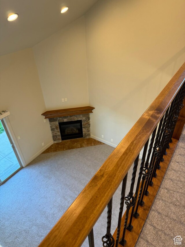 1260 N 200 W, Bountiful, UT 84010 - stairs with carpet floors, recessed lighting, baseboards, and a fireplace
