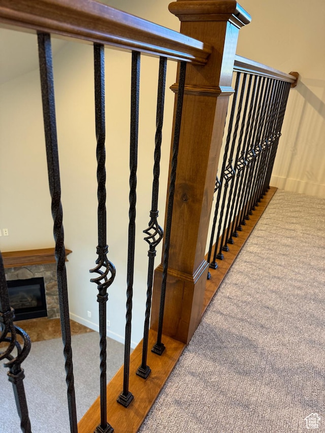 1260 N 200 W, Bountiful, UT 84010 - stairway featuring carpet flooring and a stone fireplace