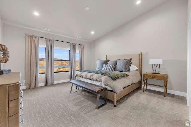 bedroom featuring recessed lighting, visible vents, light carpet, and baseboards