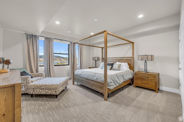 bedroom featuring baseboards, recessed lighting, and carpet flooring