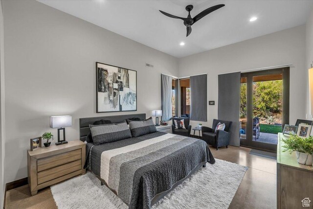 644 W Wild Indigo Way, Ivins, UT 84738 - bedroom with recessed lighting, a ceiling fan, visible vents, and access to outside