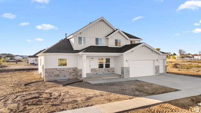 modern farmhouse with covered porch, board and batten siding, an attached garage, and driveway
