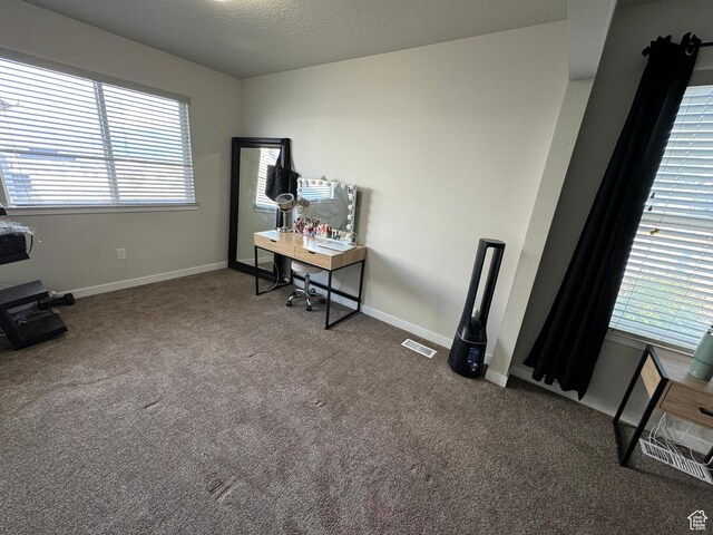 office space featuring carpet, visible vents, and baseboards