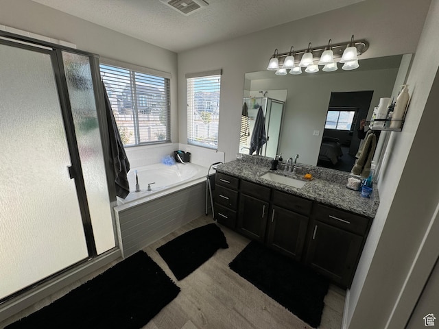 ensuite bathroom with a shower stall, a garden tub, a healthy amount of sunlight, and vanity