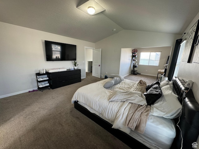 bedroom featuring baseboards, vaulted ceiling, and carpet flooring