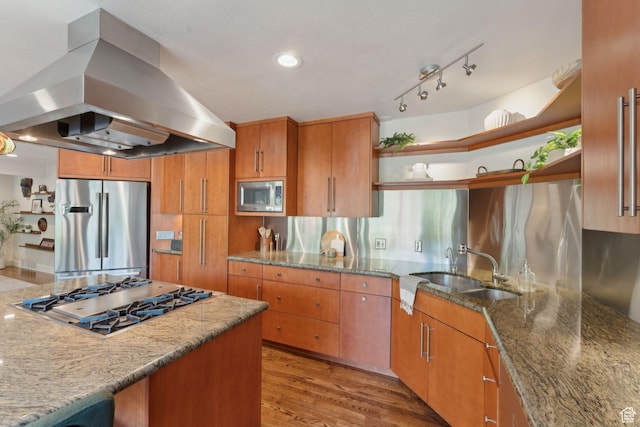 3797 Blacksmith Rd, Park City, UT 84098 - kitchen featuring island exhaust hood, open shelves, appliances with stainless steel finishes, a sink, and light stone counters