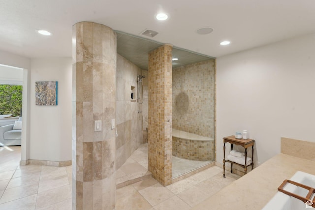 3797 Blacksmith Rd, Park City, UT 84098 - bathroom featuring walk in shower, recessed lighting, tile patterned floors, vanity, and baseboards