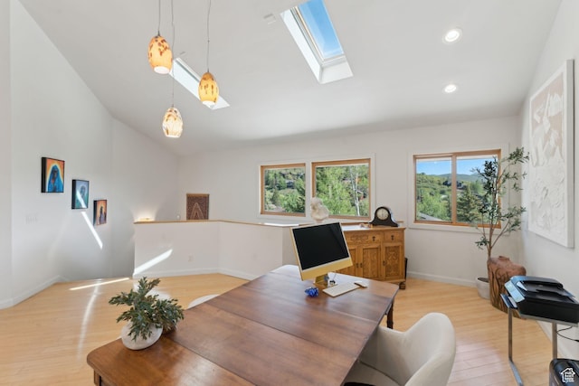 3797 Blacksmith Rd, Park City, UT 84098 - home office featuring light wood finished floors, a skylight, lofted ceiling, baseboards, and recessed lighting