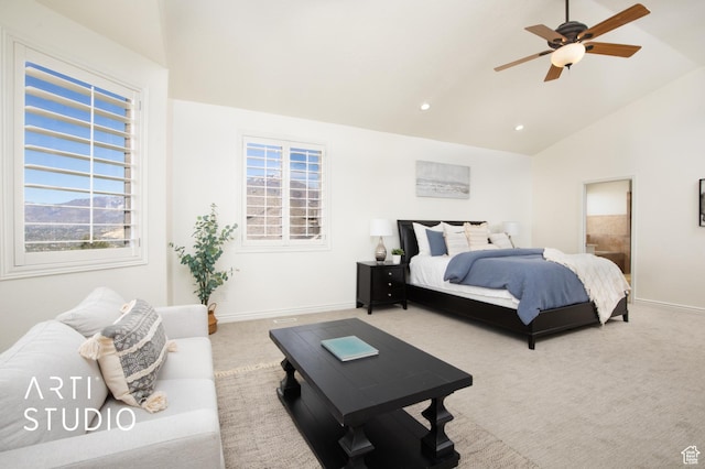 14714 S Pristine Dr E, Draper, UT 84020 - carpeted bedroom featuring baseboards, multiple windows, high vaulted ceiling, and ensuite bath
