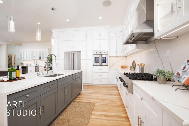 14714 S Pristine Dr E, Draper, UT 84020 - kitchen featuring wall chimney range hood, white cabinetry, a sink, appliances with stainless steel finishes, and gray cabinetry