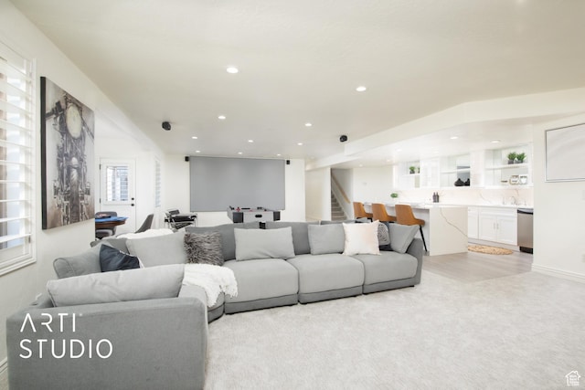 14714 S Pristine Dr E, Draper, UT 84020 - living room with recessed lighting, light colored carpet, and stairway