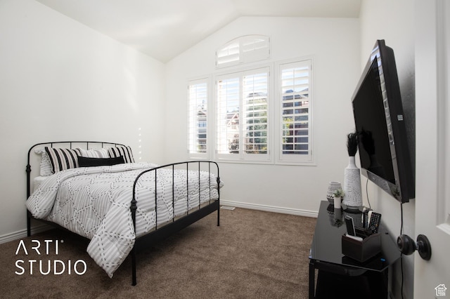 14714 S Pristine Dr E, Draper, UT 84020 - carpeted bedroom featuring baseboards and vaulted ceiling