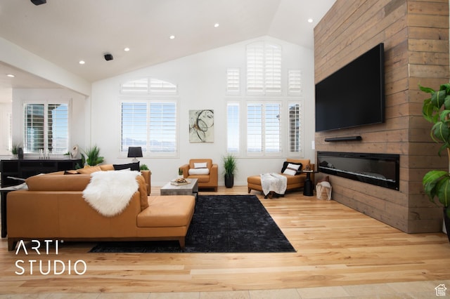 14714 S Pristine Dr E, Draper, UT 84020 - living area featuring recessed lighting, high vaulted ceiling, wood finished floors, and a fireplace