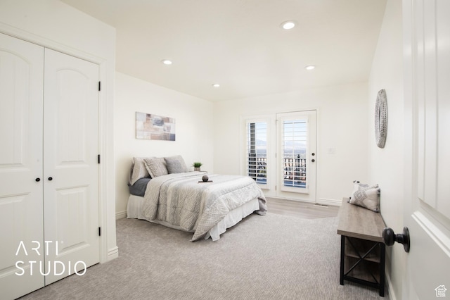14714 S Pristine Dr E, Draper, UT 84020 - carpeted bedroom featuring baseboards, recessed lighting, a closet, and access to exterior
