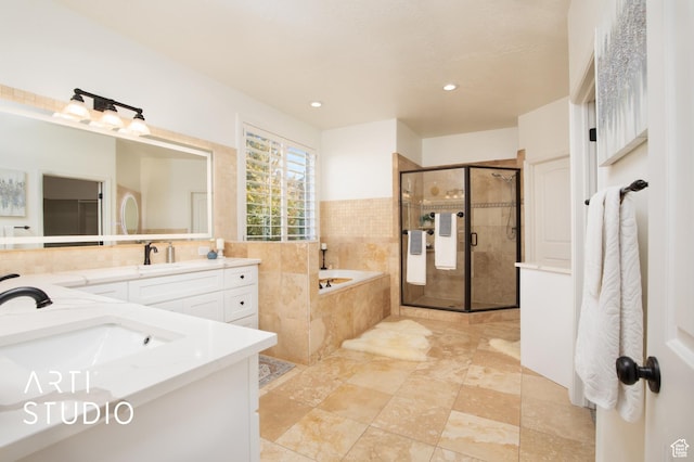 14714 S Pristine Dr E, Draper, UT 84020 - bathroom featuring double vanity, a sink, a bath, and a stall shower
