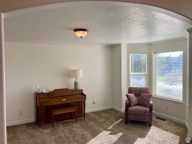 5046 W 4250 S, West Haven, UT 84401 - sitting room featuring arched walkways, dark carpet, visible vents, and crown molding