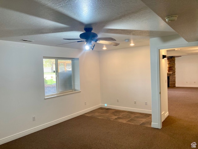 5046 W 4250 S, West Haven, UT 84401 - spare room with baseboards, visible vents, a ceiling fan, dark colored carpet, and a textured ceiling